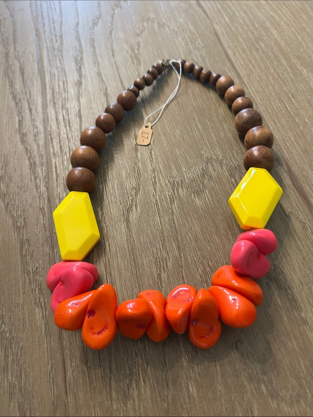 NWT Chunky wood and bead rustic statement necklace, yellow pink orange